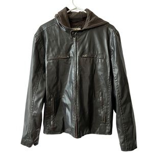 VINTAGE LEVIS VEGAN LEATHER JACKET MEN M FAUX FUR LINED HOOD BIKER STREETWEAR